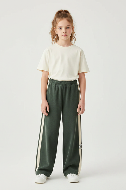 Pantalon Parachute Vert Ample Bandes Crème Fille - Maille