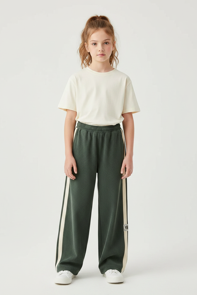 Pantalon Parachute Vert Ample Bandes Crème Fille - Maille