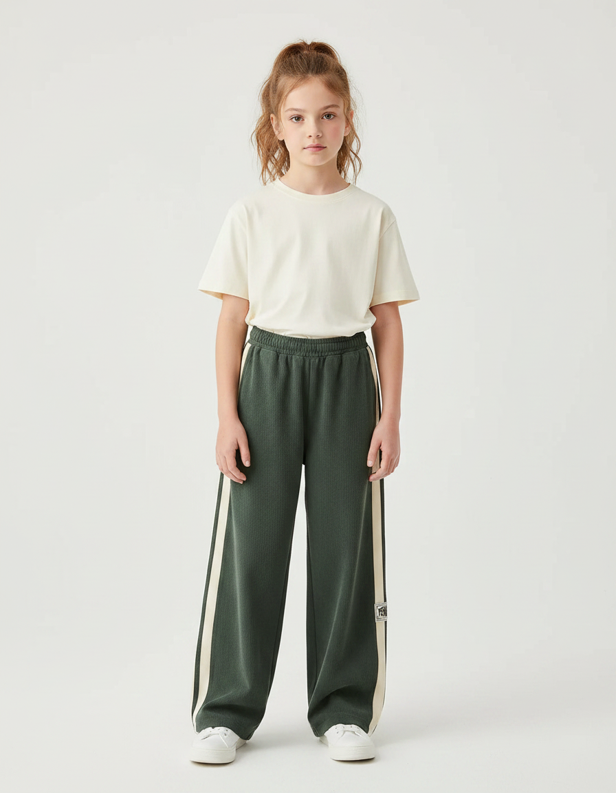Pantalon Parachute Vert Ample Bandes Crème Fille - Maille
