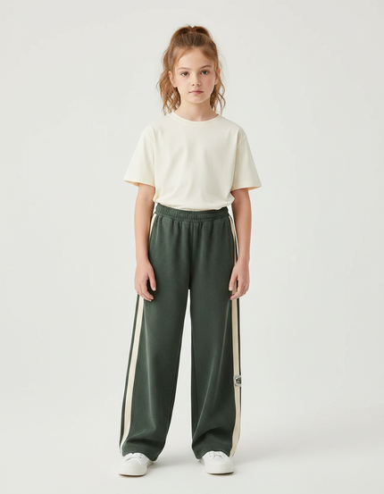 Pantalon Parachute Vert Ample Bandes Crème Fille - Maille