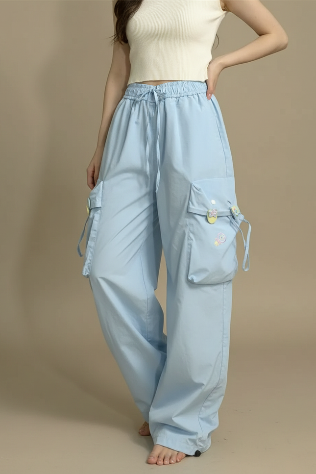 Pantalon Parachute Bleu Ciel Ample Brodé Décontracté Femme - Polyester