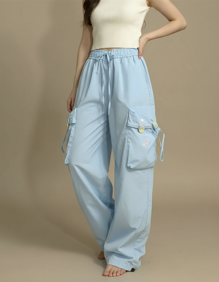 Pantalon Parachute Bleu Ciel Ample Brodé Décontracté Femme - Polyester