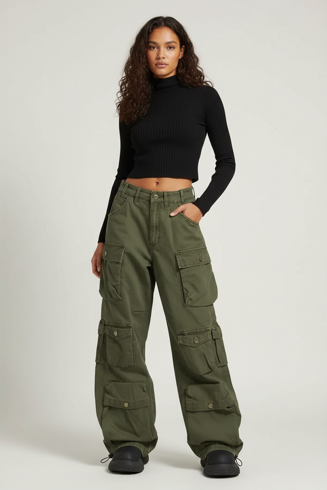 Pantalon Parachute Kaki Cargo Ample Multi-poches Femme - Toile