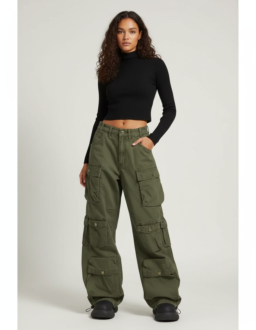 Pantalon Parachute Kaki Cargo Ample Multi-poches Femme - Toile