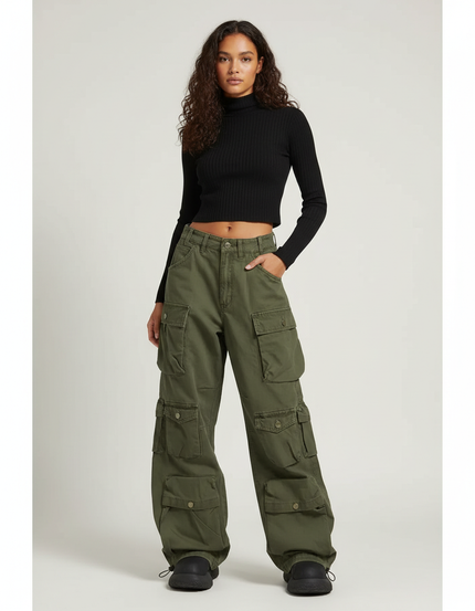Pantalon Parachute Kaki Cargo Ample Multi-poches Femme - Toile