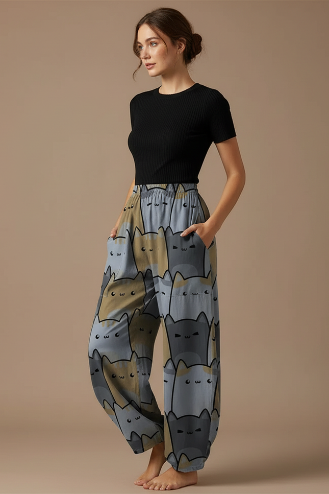 Pantalon Parachute Chats Ample Décontracté Poches Femme - Imprimé Viscose