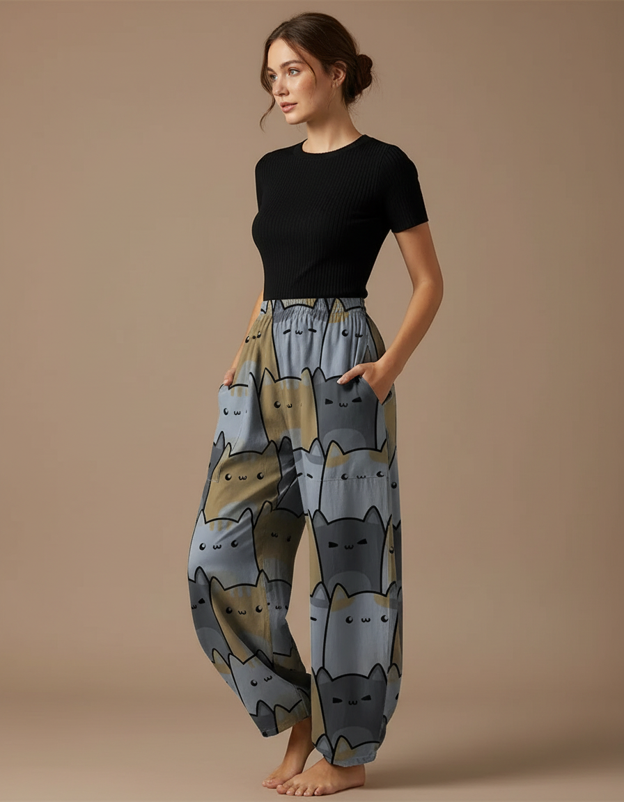 Pantalon Parachute Chats Ample Décontracté Poches Femme - Imprimé Viscose