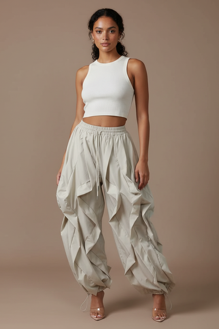 Pantalon Parachute Beige Plissé Ample Femme - Polyester