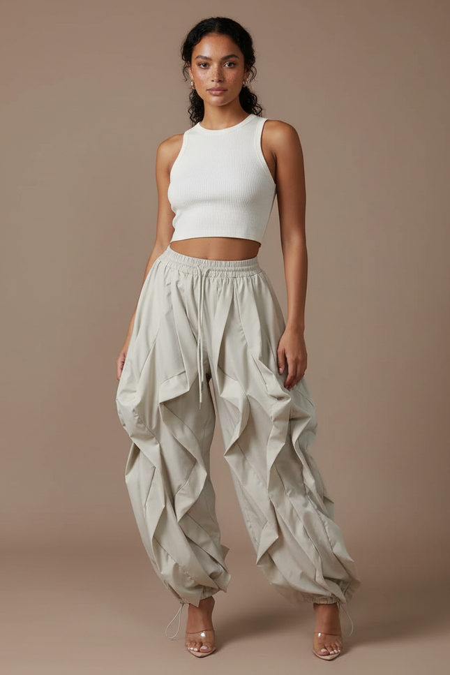 Pantalon Parachute Beige Plissé Ample Femme - Polyester