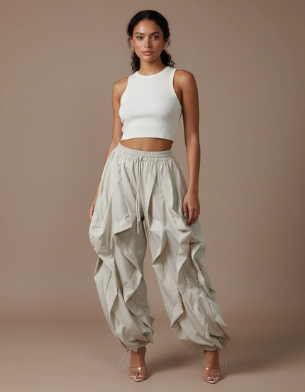 Pantalon Parachute Beige Plissé Ample Femme - Polyester