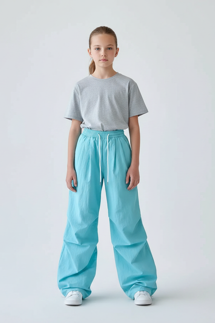 Pantalon Parachute Bleu Ciel Ample Fluide Enfant Cordon - Polyester