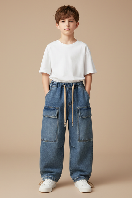 Pantalon Parachute Jean Ample Cargo Garçon Cordon - Bleu