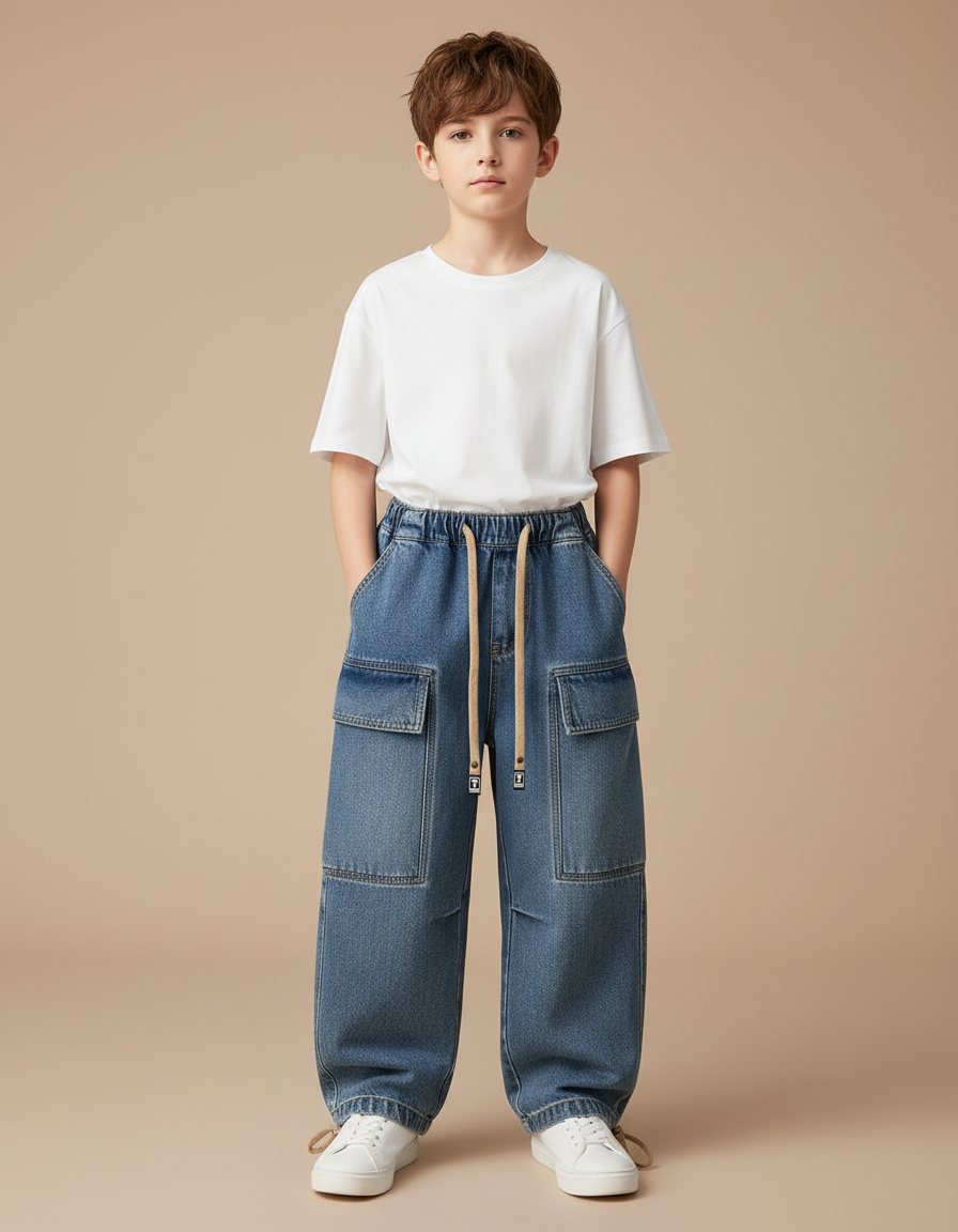 Pantalon Parachute Jean Ample Cargo Garçon Cordon - Bleu