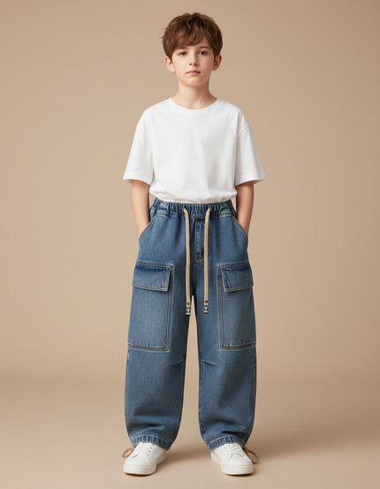 Pantalon Parachute Jean Ample Cargo Garçon Cordon - Bleu