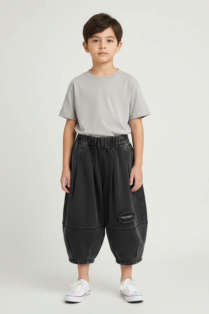Pantalon Parachute Noir Denim Ample Garçon Décontracté - Jean