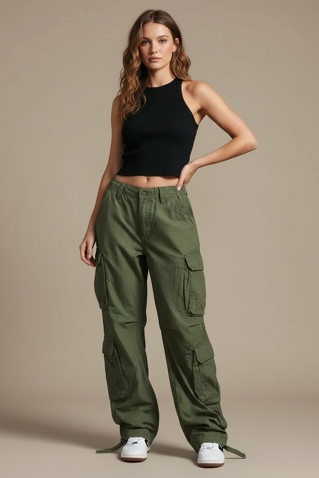 Pantalon Parachute Kaki Ample Cargo Femme Streetwear - Toile