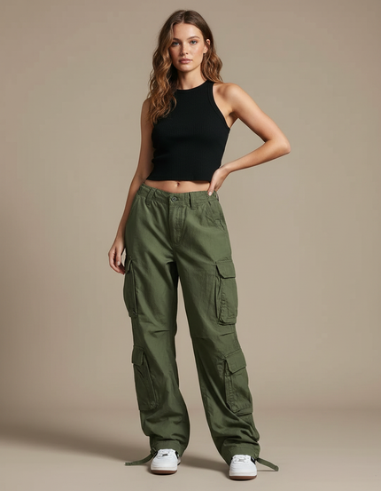 Pantalon Parachute Kaki Ample Cargo Femme Streetwear - Toile