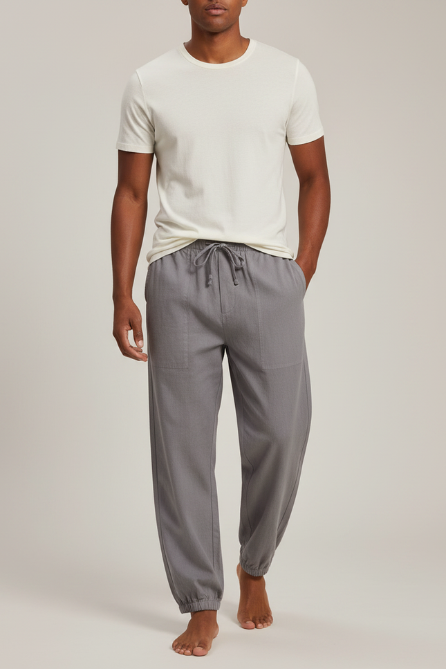 Pantalon Parachute Homme Lin Coton Gris Ample Cordon