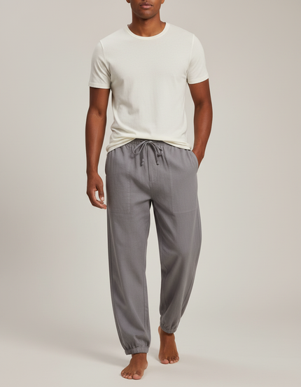 Pantalon Parachute Homme Lin Coton Gris Ample Cordon