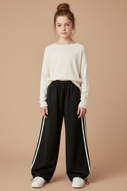 Pantalon Parachute Noir Ample Fille Bandes Blanches - Polyester