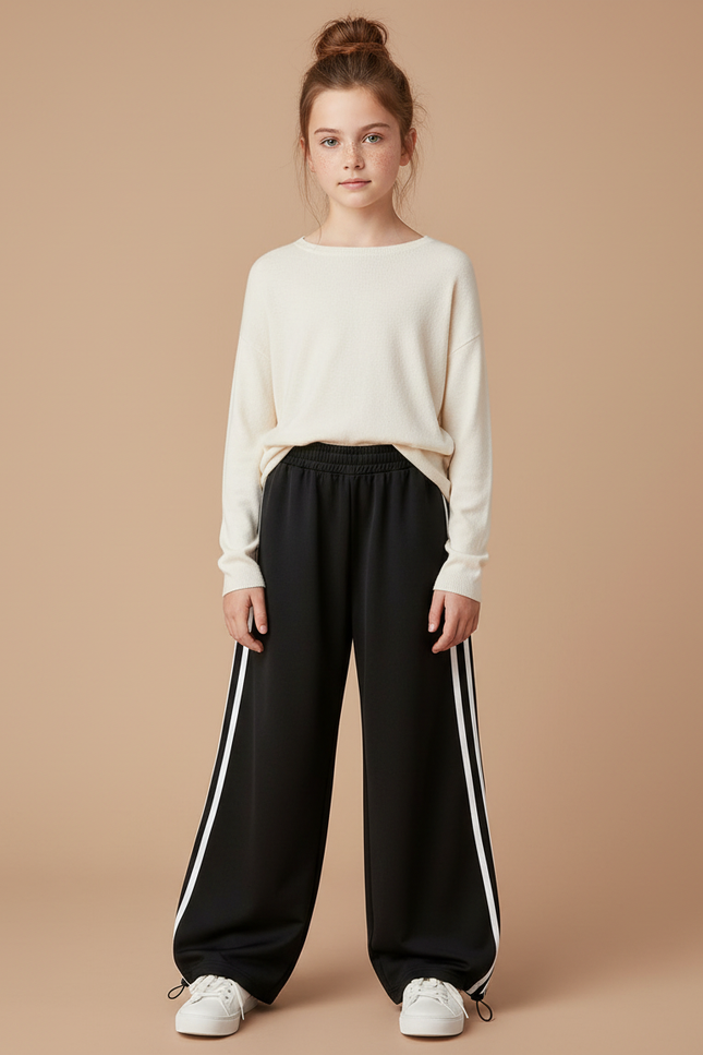 Pantalon Parachute Noir Ample Fille Bandes Blanches - Polyester