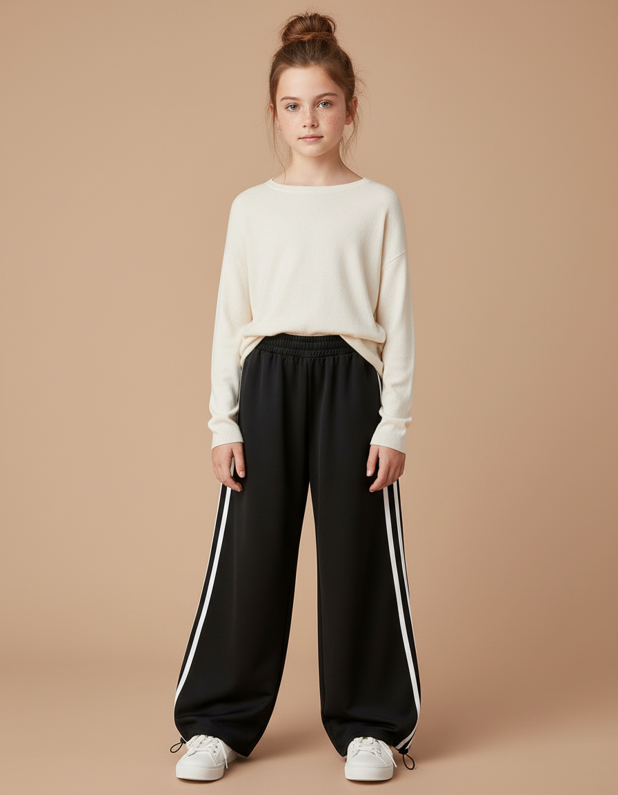 Pantalon Parachute Noir Ample Fille Bandes Blanches - Polyester