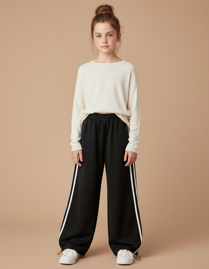 Pantalon Parachute Noir Ample Fille Bandes Blanches - Polyester