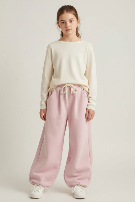 Pantalon Parachute Rose Ample Molletonné Enfant Cordon