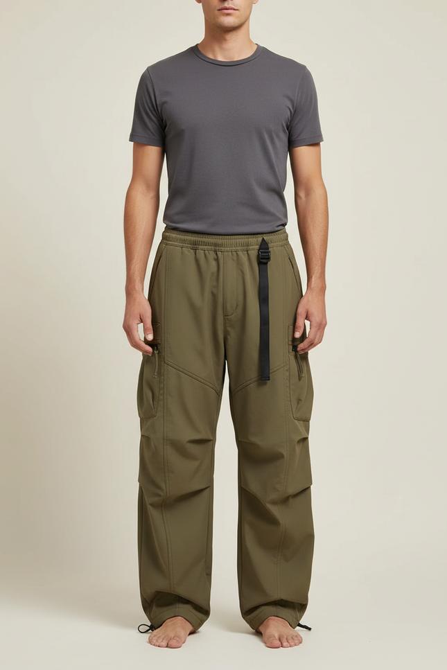 Pantalon Parachute Vert Kaki Ample Fonctionnel Homme - Polyester