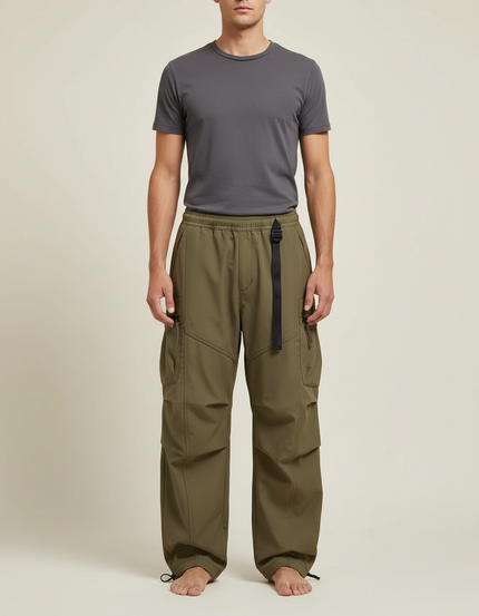 Pantalon Parachute Vert Kaki Ample Fonctionnel Homme - Polyester