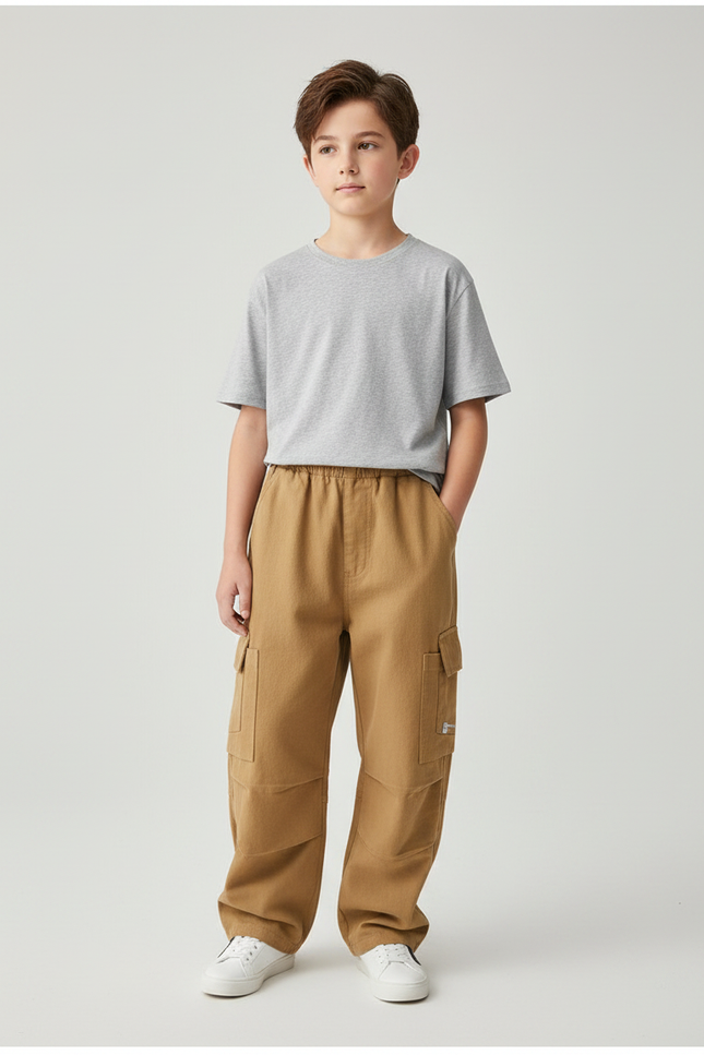 Pantalon Parachute Beige Cargo Ample Coton Garçon