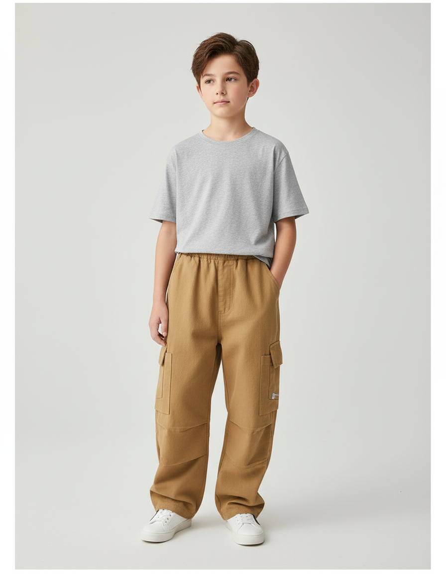 Pantalon Parachute Beige Cargo Ample Coton Garçon