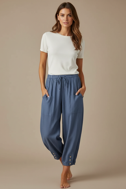 Pantalon Parachute Bleu Coton Lin Ample Décontracté