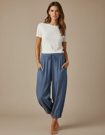 Pantalon Parachute Bleu Coton Lin Ample Décontracté