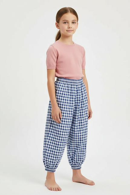 Pantalon Parachute Vichy Bleu Ample Coton Fille