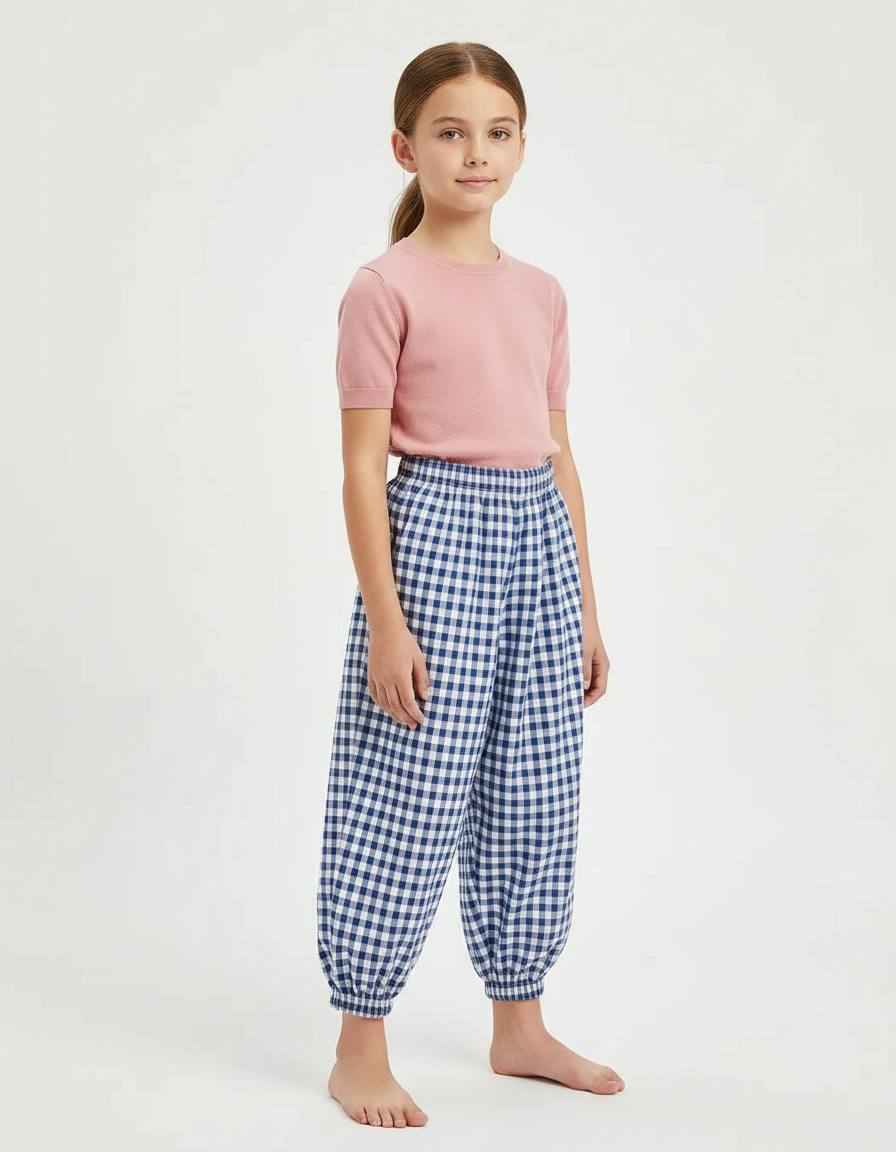 Pantalon Parachute Vichy Bleu Ample Coton Fille
