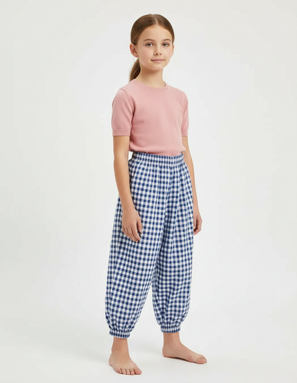 Pantalon Parachute Vichy Bleu Ample Coton Fille