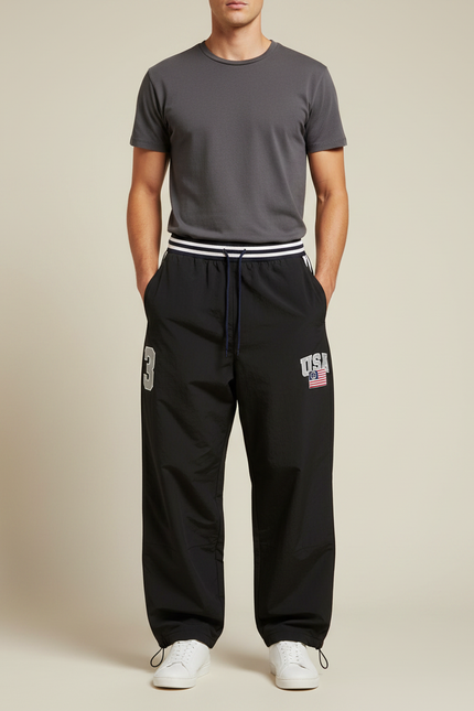 Pantalon Parachute Noir Ample Sport Homme USA - Polyester