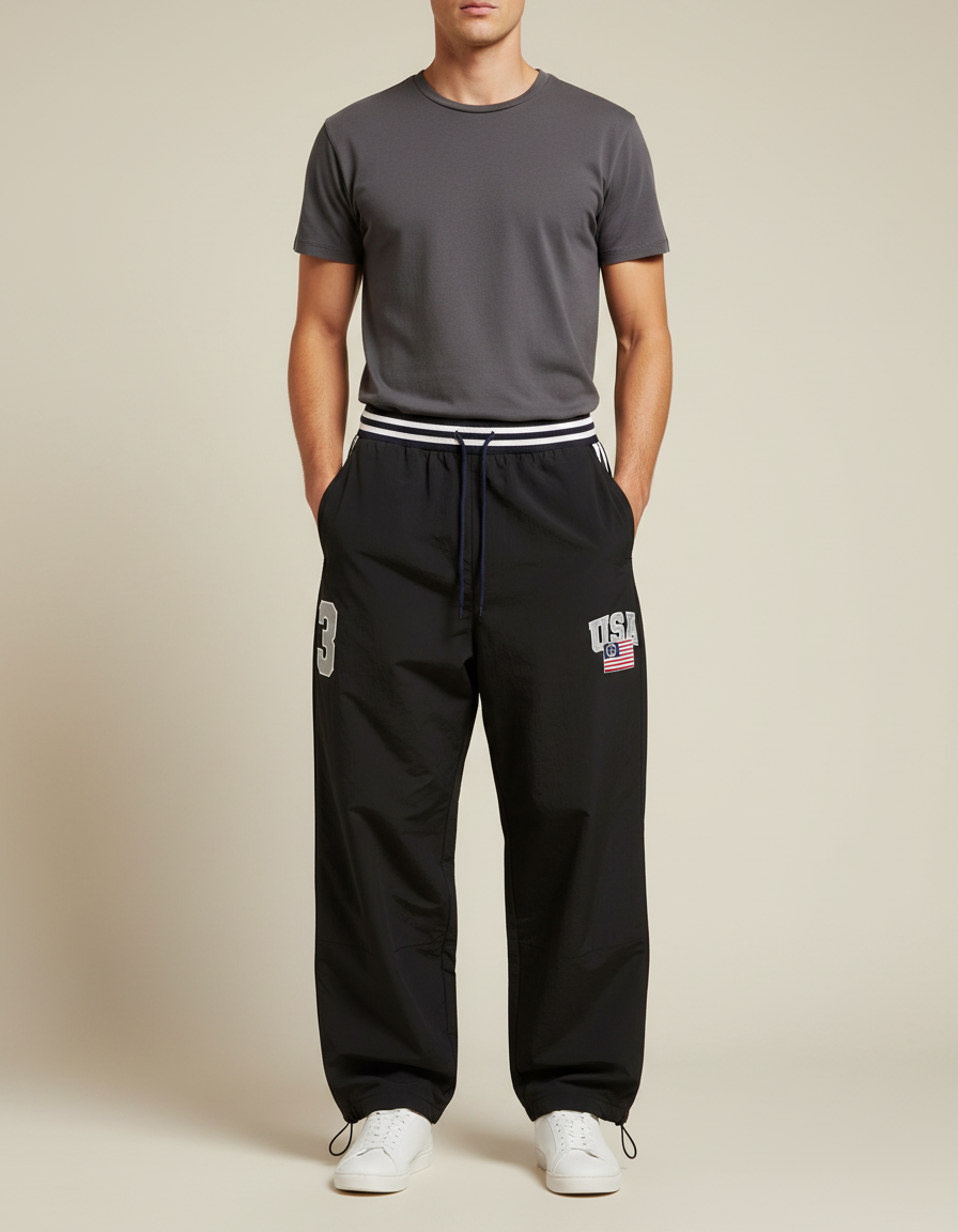 Pantalon Parachute Noir Ample Sport Homme USA - Polyester