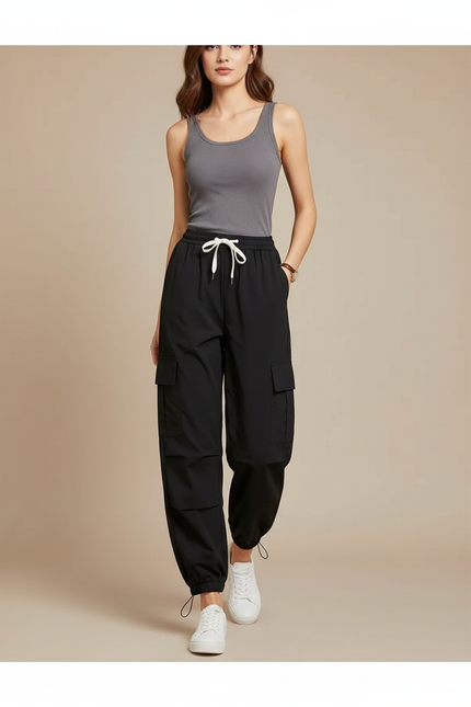 Pantalon Parachute Noir Cargo Ample Femme Moderne - Polyester