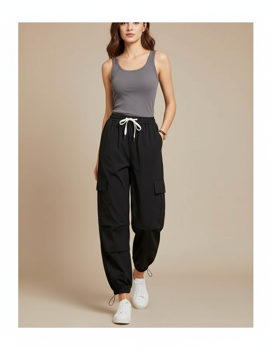 Pantalon Parachute Noir Cargo Ample Femme Moderne - Polyester