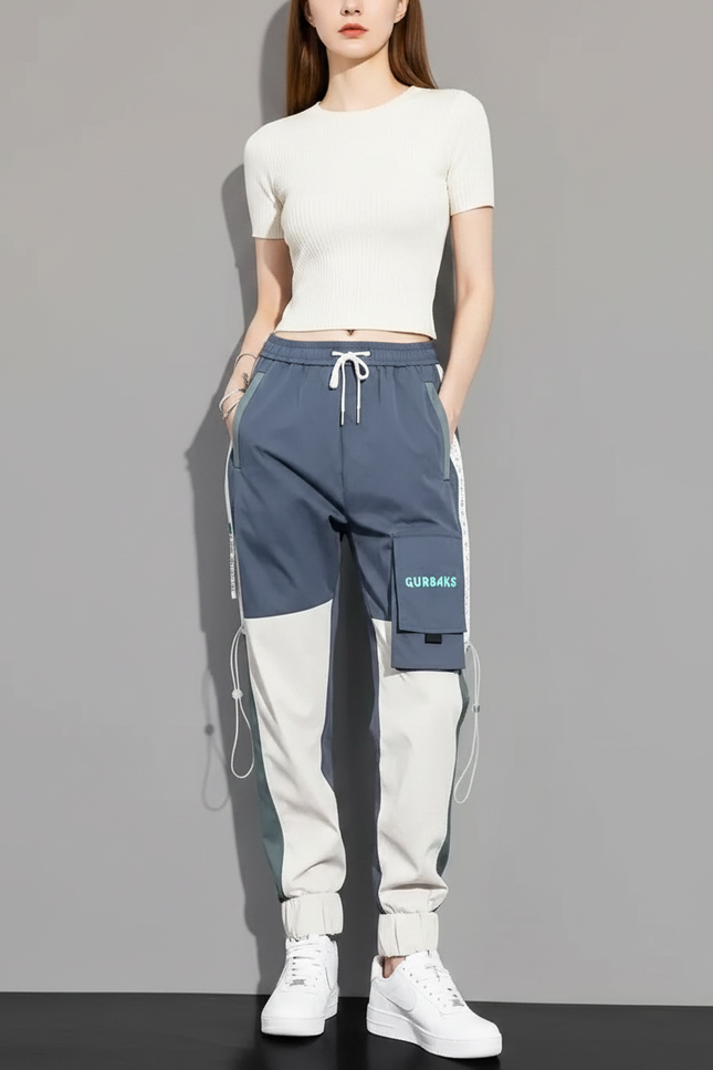 Pantalon Parachute Bicolore Cargo Streetwear Femme Cordon - Multicolore Polyester
