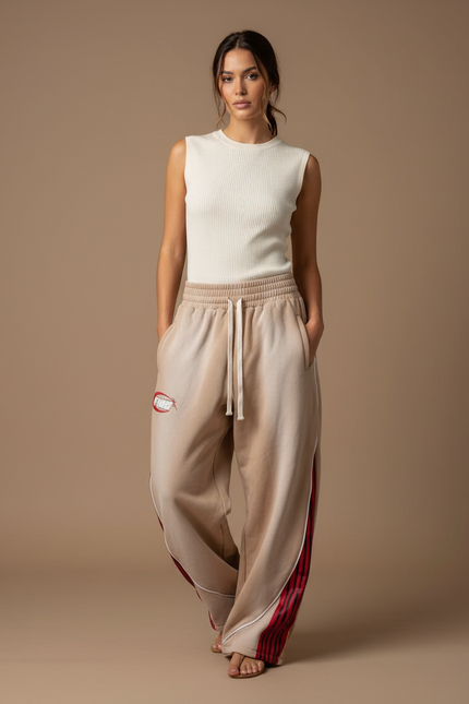 Pantalon Parachute Beige Ample Rayures Rouges Décontracté - Molleton