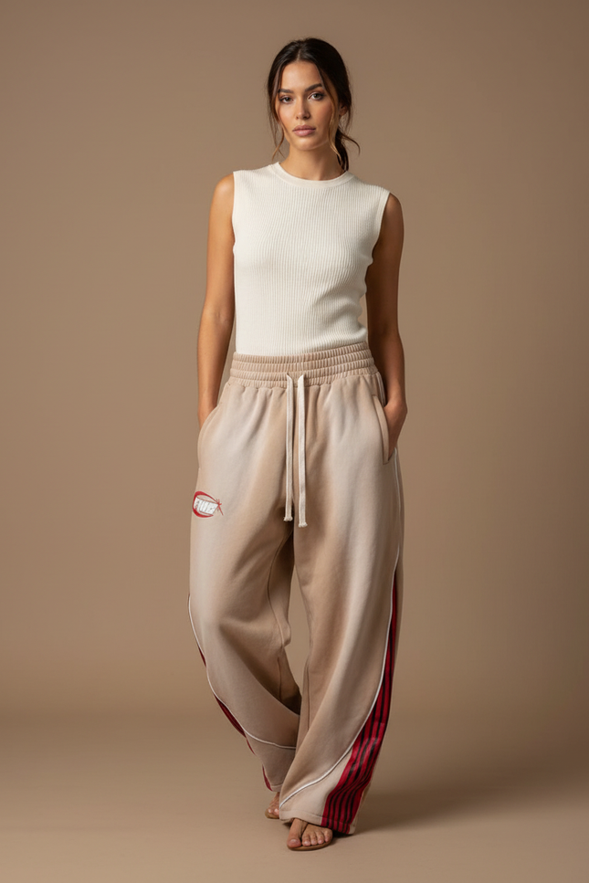 Pantalon Parachute Beige Ample Rayures Rouges Décontracté - Molleton