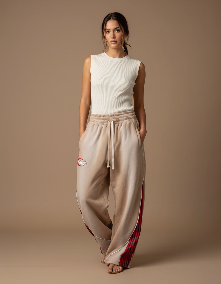 Pantalon Parachute Beige Ample Rayures Rouges Décontracté - Molleton