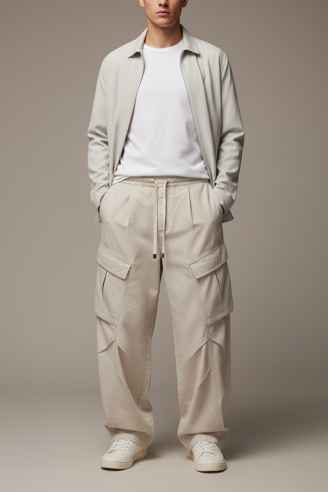 Pantalon Parachute Beige Ample Cargo Plissé Homme - Toile