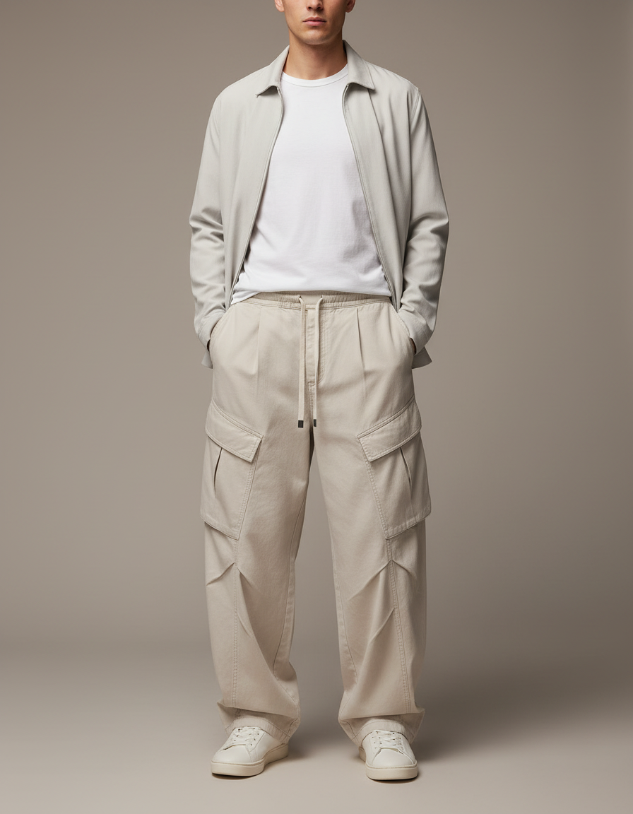 Pantalon Parachute Beige Ample Cargo Plissé Homme - Toile