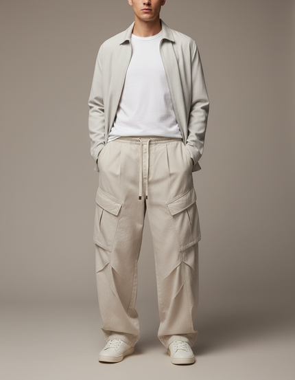 Pantalon Parachute Beige Ample Cargo Plissé Homme - Toile