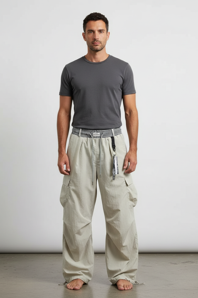 Pantalon Parachute Beige Ample Cargo Cordon Léger - Polyester