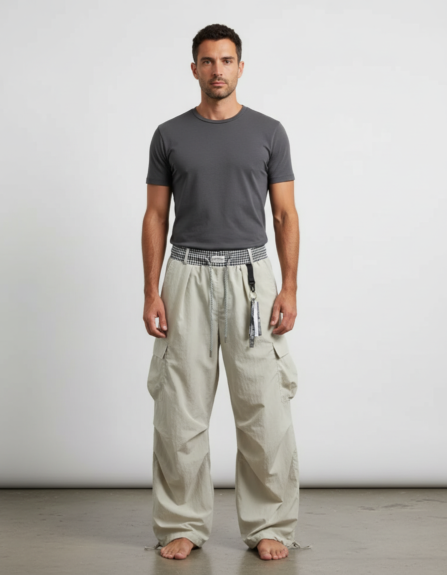 Pantalon Parachute Beige Ample Cargo Cordon Léger - Polyester